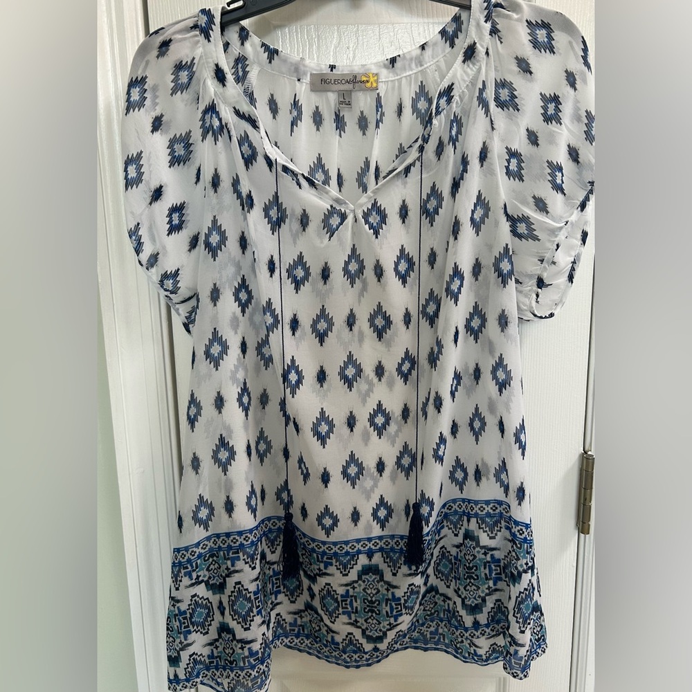 White and Blue Relaxed Sheer Graphic Blouse